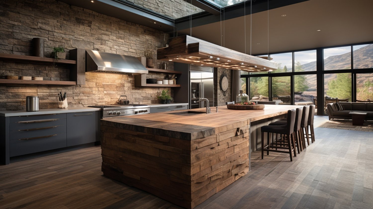 Cozinha de alto padrão com ilha central em mármore, armários modernos e iluminação pendente de design.