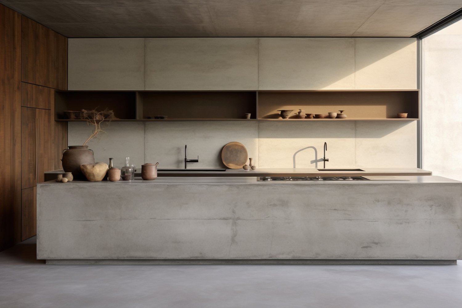 Cozinha planejada com ilha no estilo minimalista, com armários brancos e bancada de madeira clara.