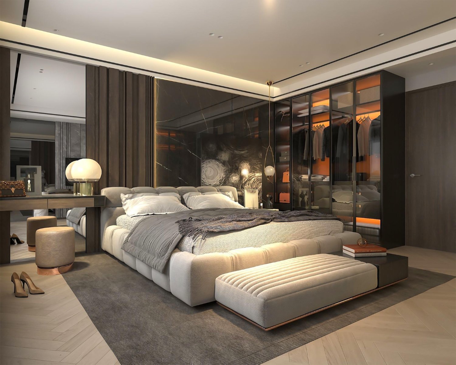 Quarto de casal planejado com banco multifuncional com baú ao pé da cama, otimizando o espaço.