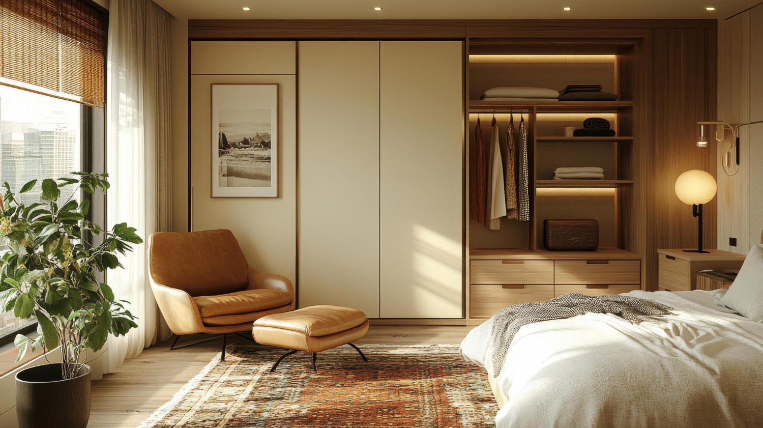 Paleta de cores com tons terrosos e neutros em quarto de casal planejado, criando um ambiente aconchegante.