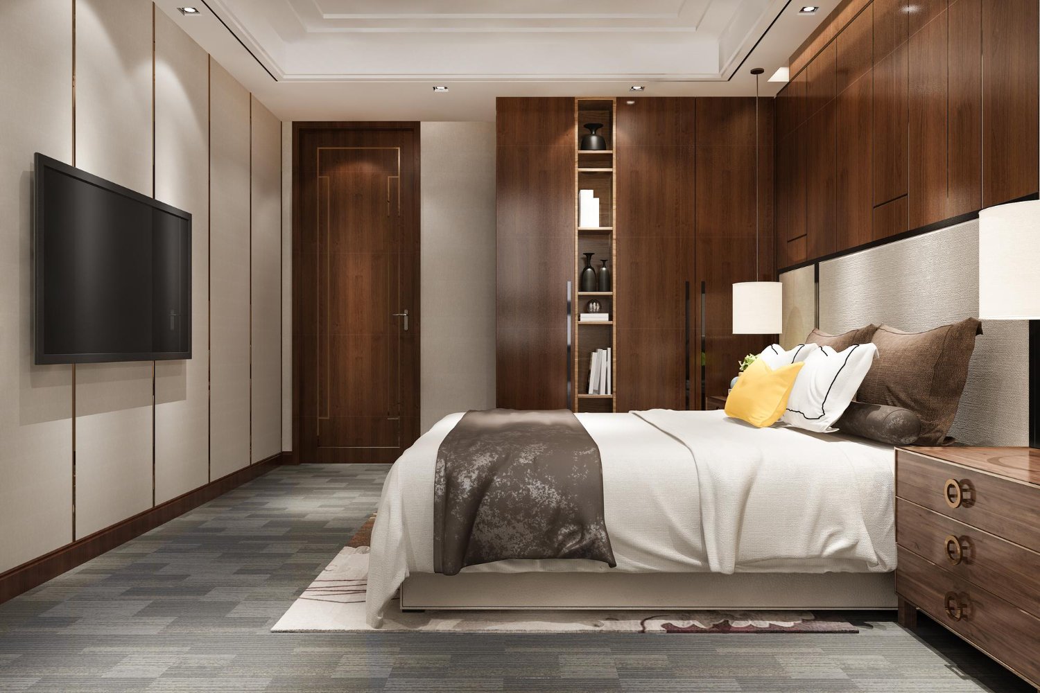 Quarto de casal com móveis planejados, cabeceira estofada e iluminação aconchegante.