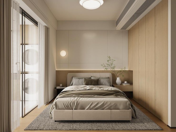 Quarto de casal com armários e painel de madeira natural.