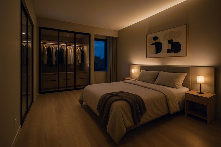Armário de quarto planejado com portas de acabamento texturizado.