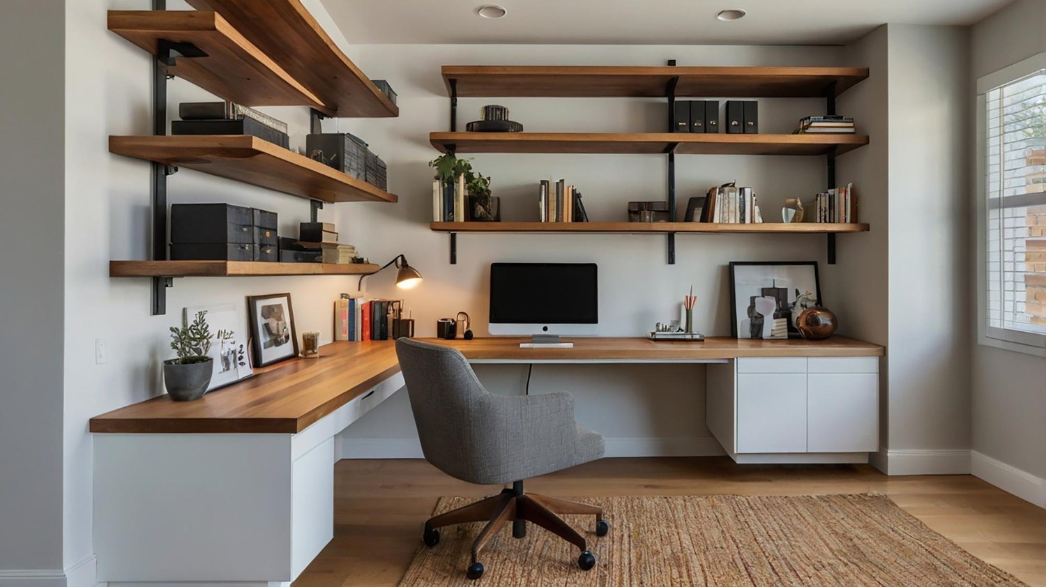 Home office compacto e funcional integrado à sala de estar, com bancada e armários planejados.