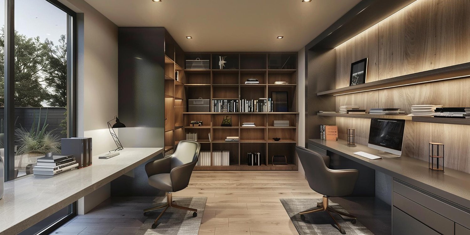 Home office planejado em cores neutras e madeira, com mesa espaçosa e armários integrados.
