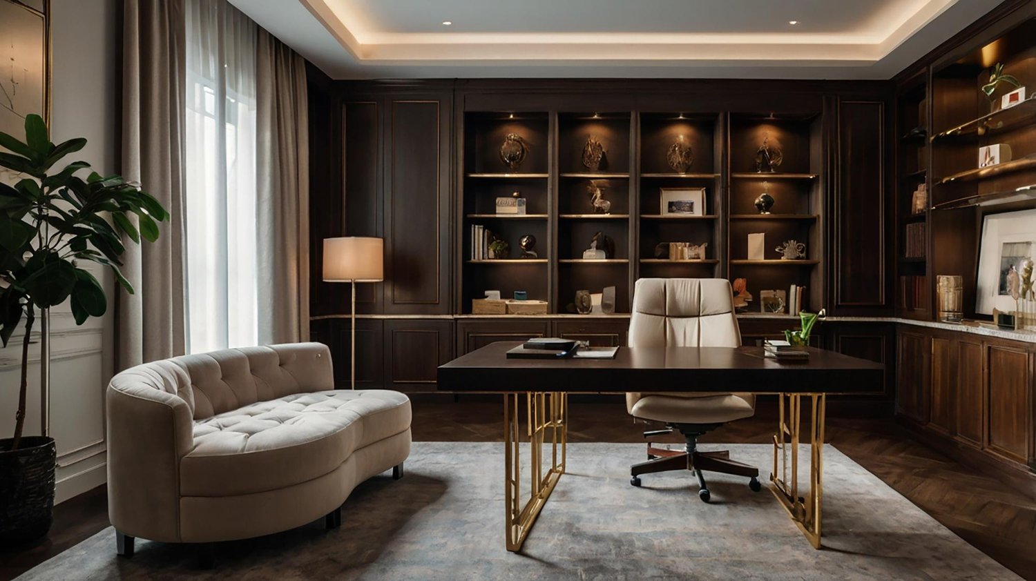 Home office moderno com iluminação planejada, bancada ergonômica e painel para esconder fios.