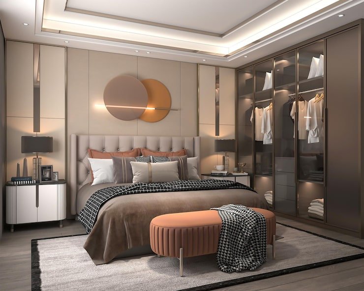 Quarto de luxo com closet aberto e portas de vidro fumê.