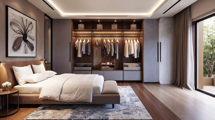 Quarto de casal de luxo planejado com closet integrado, tendência de decoração para 2026.