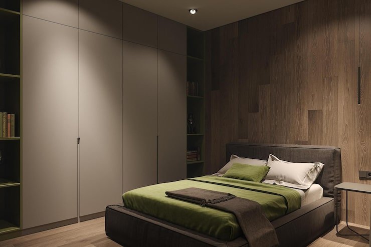 Design de quarto moderno com parede de madeira que embute a porta do closet.