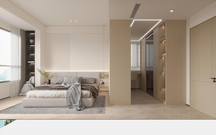 Móveis planejados para quarto com armários ao redor da janela.