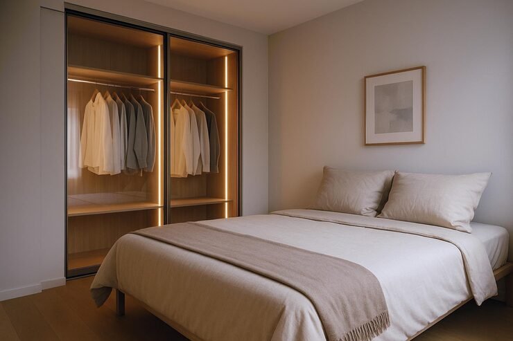 Quarto de casal decorado com móveis planejados em tons neutros.