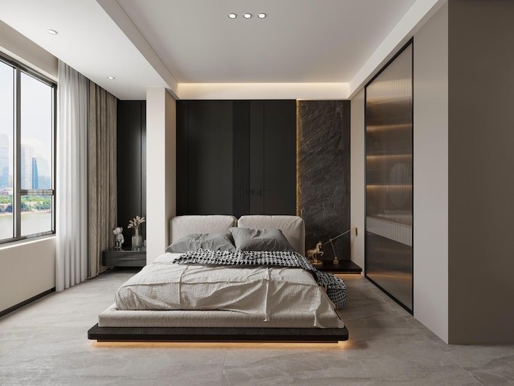 Quarto de casal minimalista com closet planejado em tons escuros.