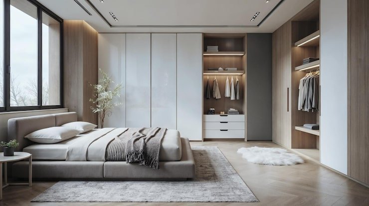 Quarto minimalista com grande guarda-roupa branco e muita luz natural.
