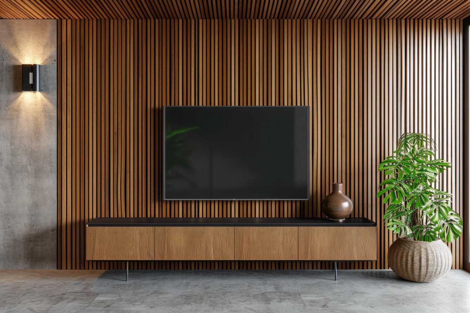 Painel de TV ripado feito em MDF, demonstrando a versatilidade de design do material.