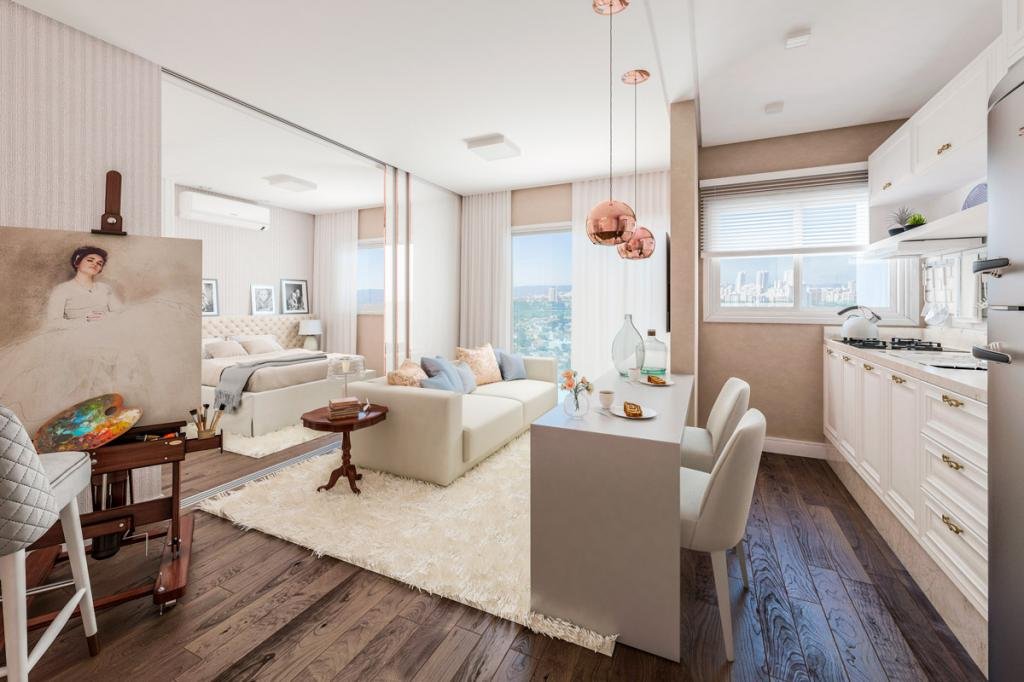 Studio compacto com móveis planejados para apartamento pequeno, mostrando a otimização de um espaço reduzido.