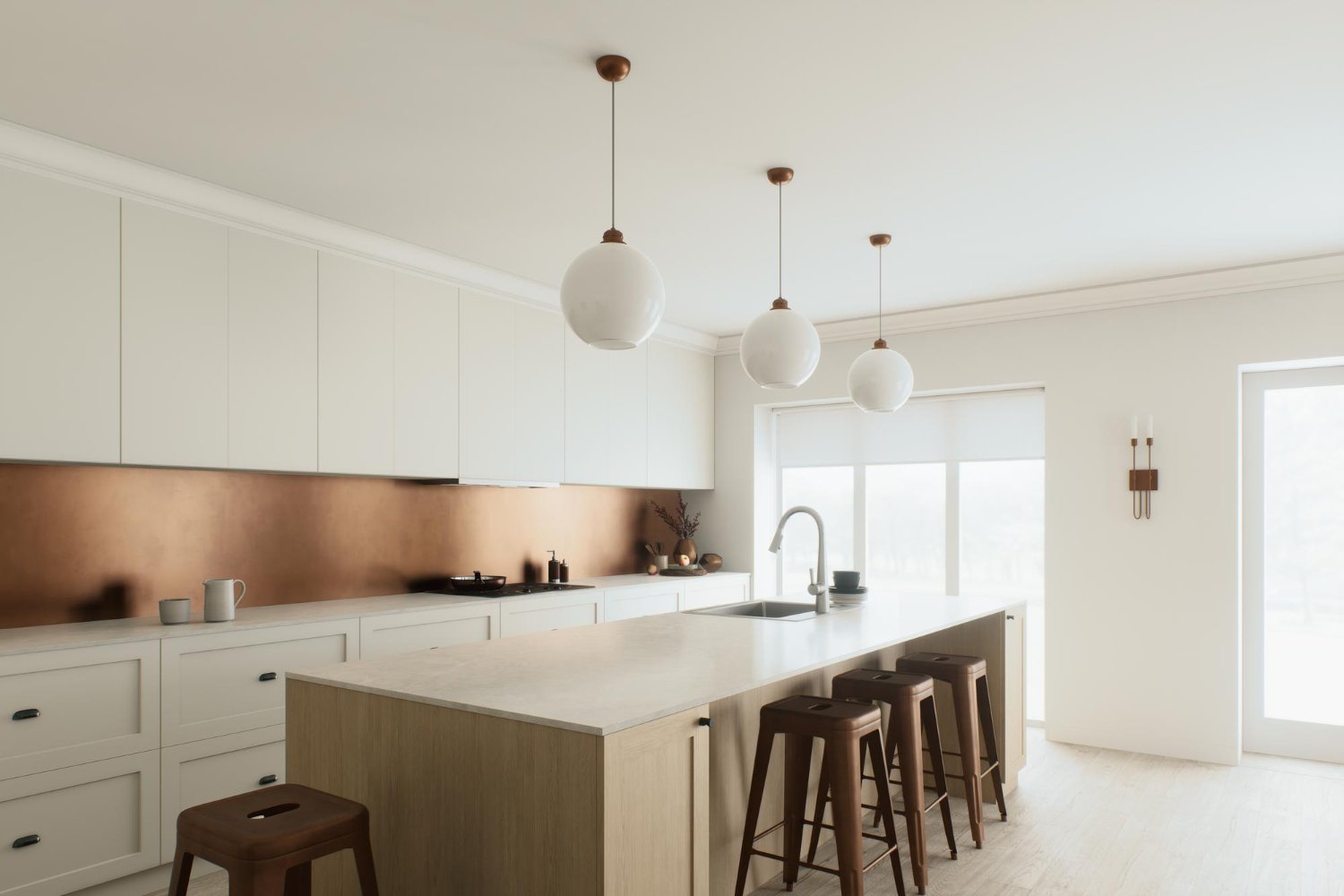 Outra imagem de uma cozinha com ilha, explorando tons claros e design contemporâneo.