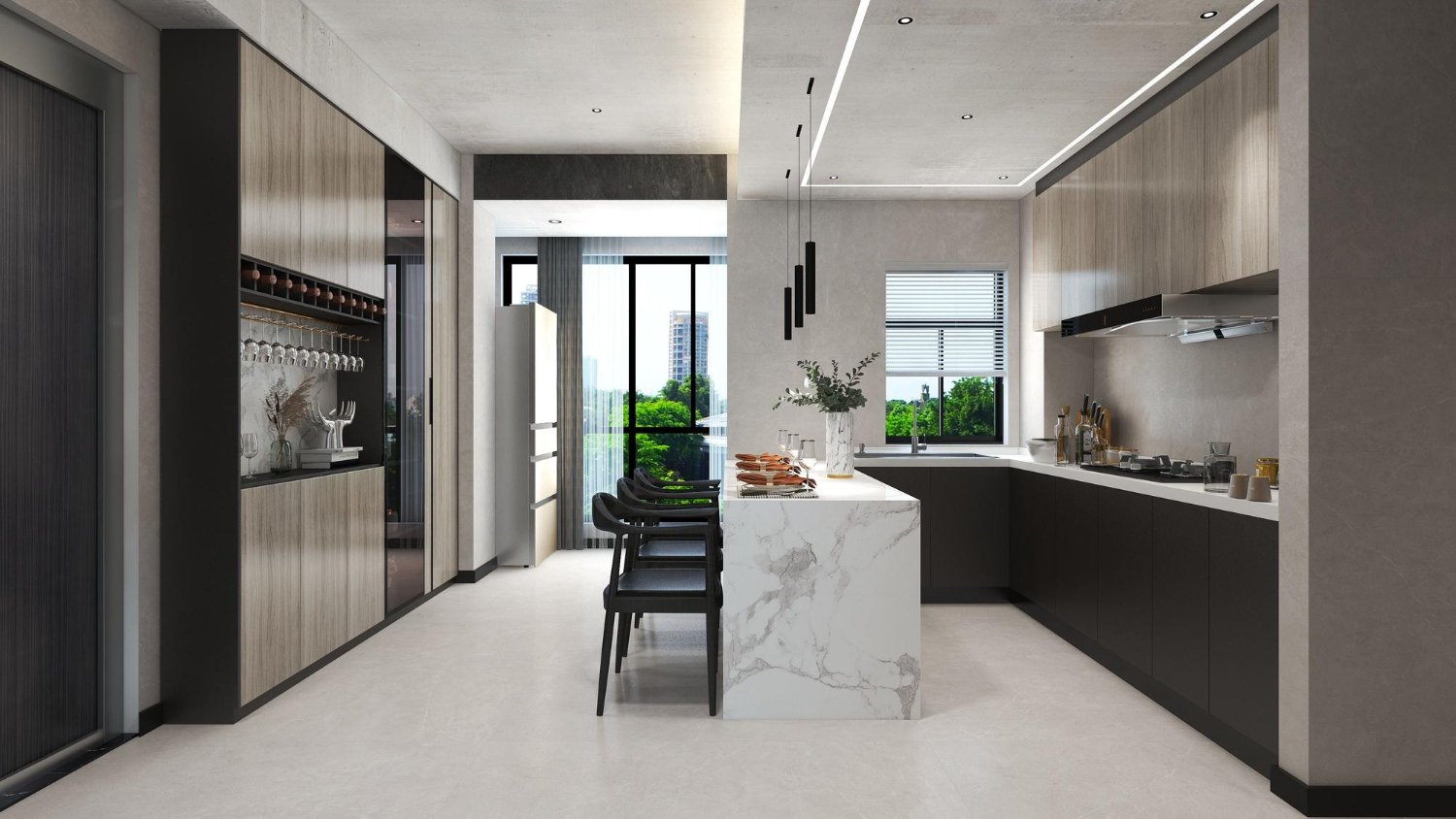 Vista de outra cozinha planejada, destacando a importância de definir o local dos eletrodomésticos.