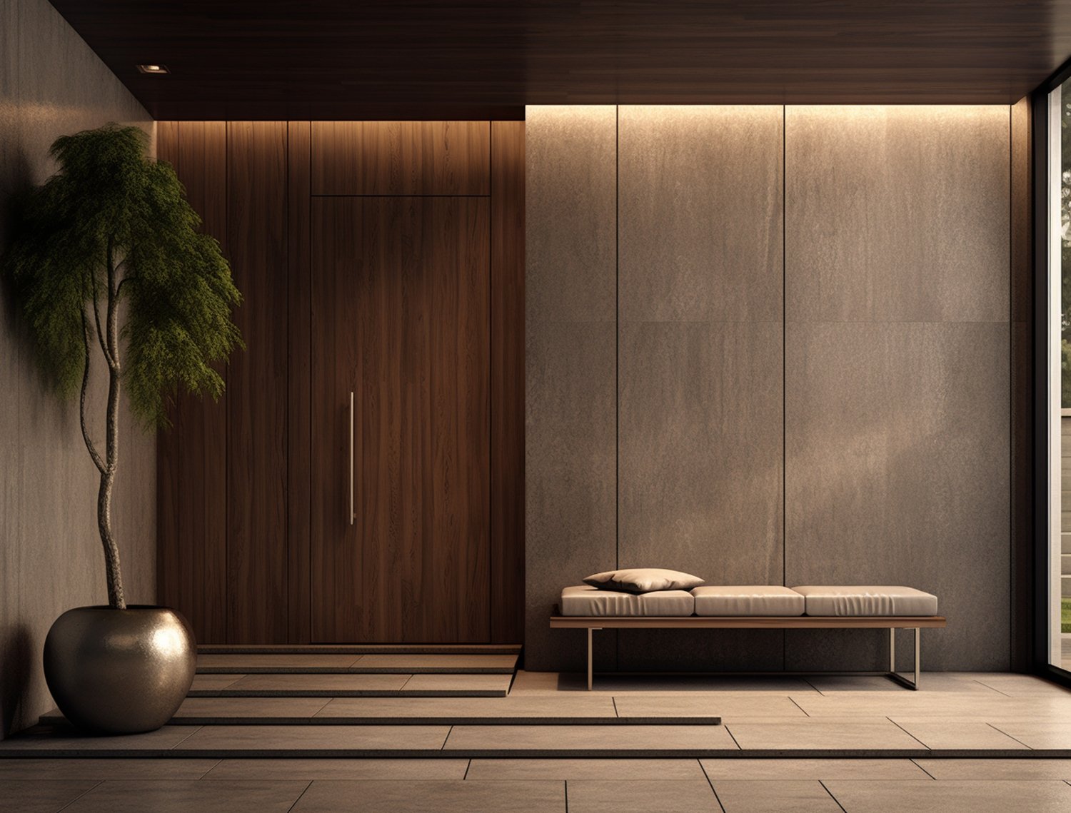 Painel de madeira contínuo com porta mimetizada oculta, demonstrando a integração de móveis planejados na arquitetura.