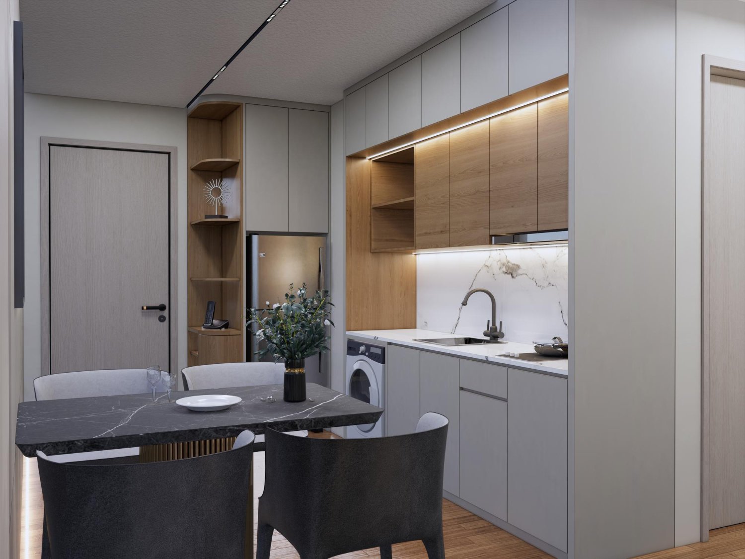 Soluções de organização interna, como porta-temperos e gavetões, em uma cozinha de apartamento.