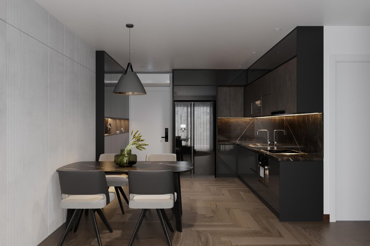 Cores claras em projeto de cozinha planejada para apartamento pequeno.