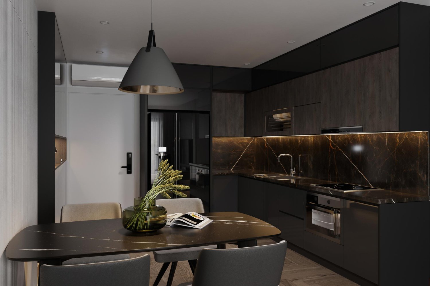 Bancada de refeições em cozinha planejada para apartamento pequeno.