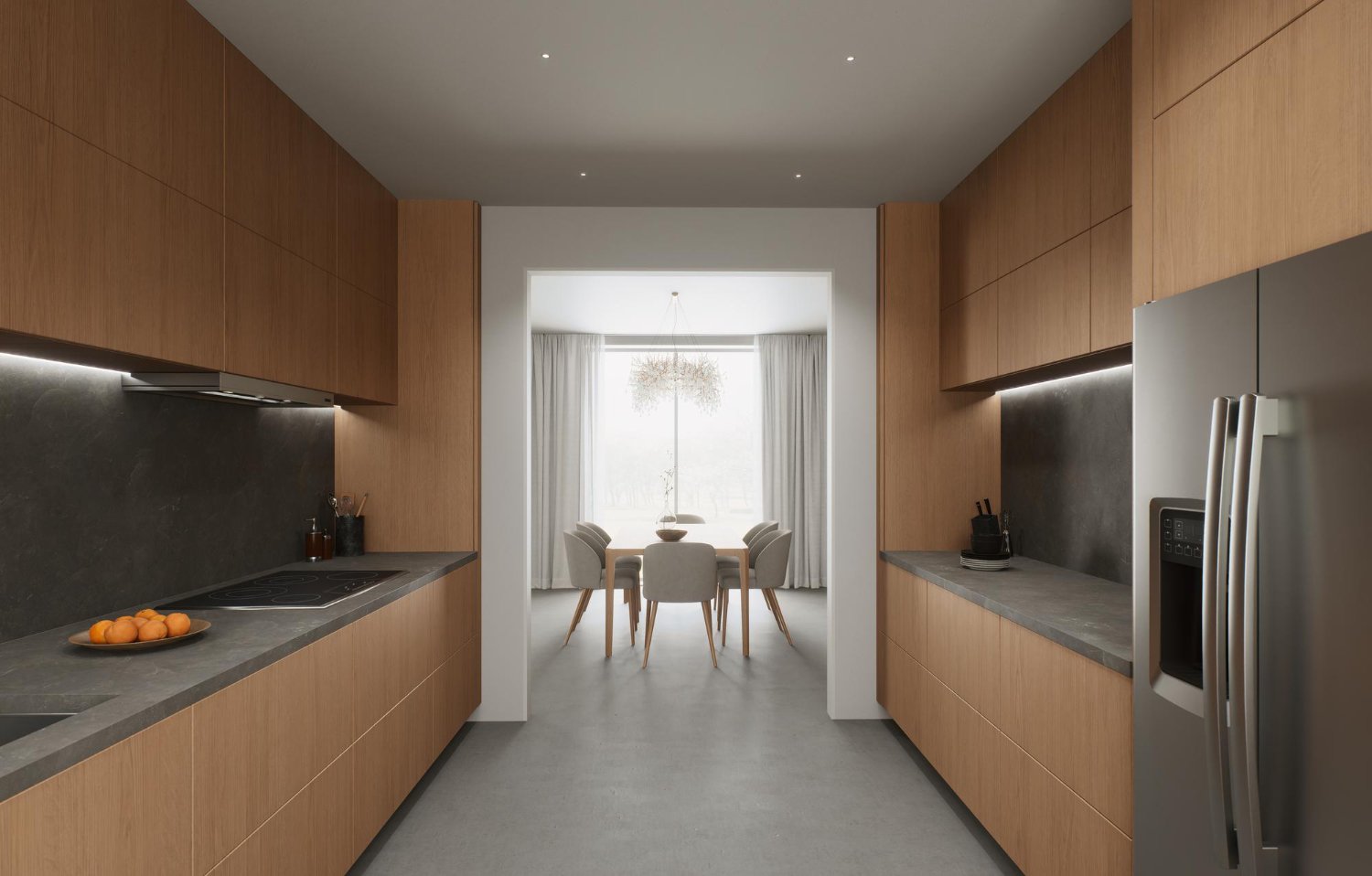 Cozinha planejada para apartamento pequeno com combinação de texturas.
