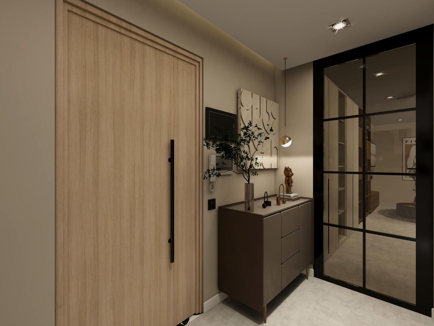 Detalhe de uma porta mimetizada se abrindo em um painel de móveis planejados.