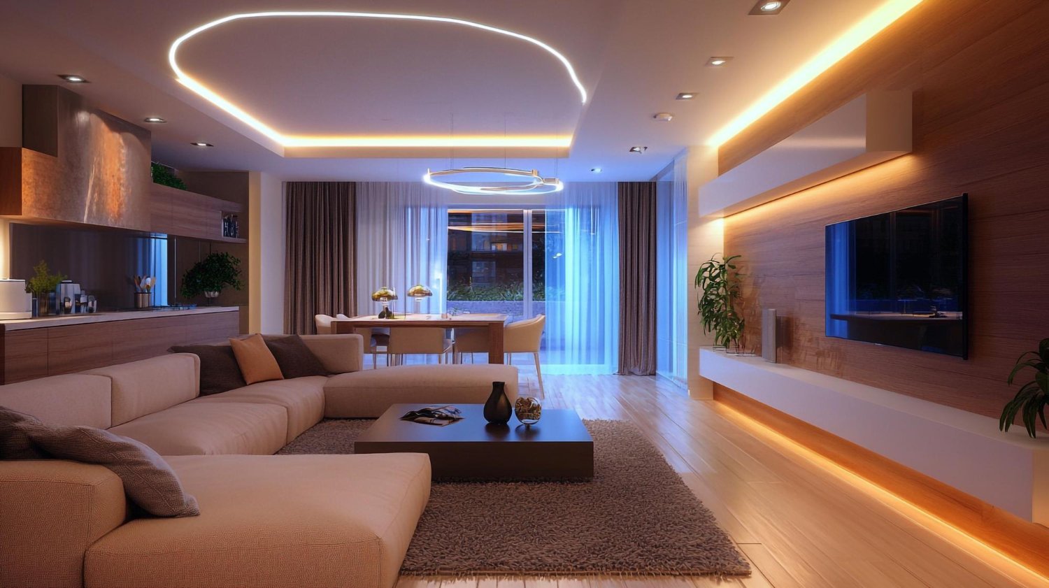 Sala de estar com iluminação de LED embutida em painel de TV e estante de móveis planejados.