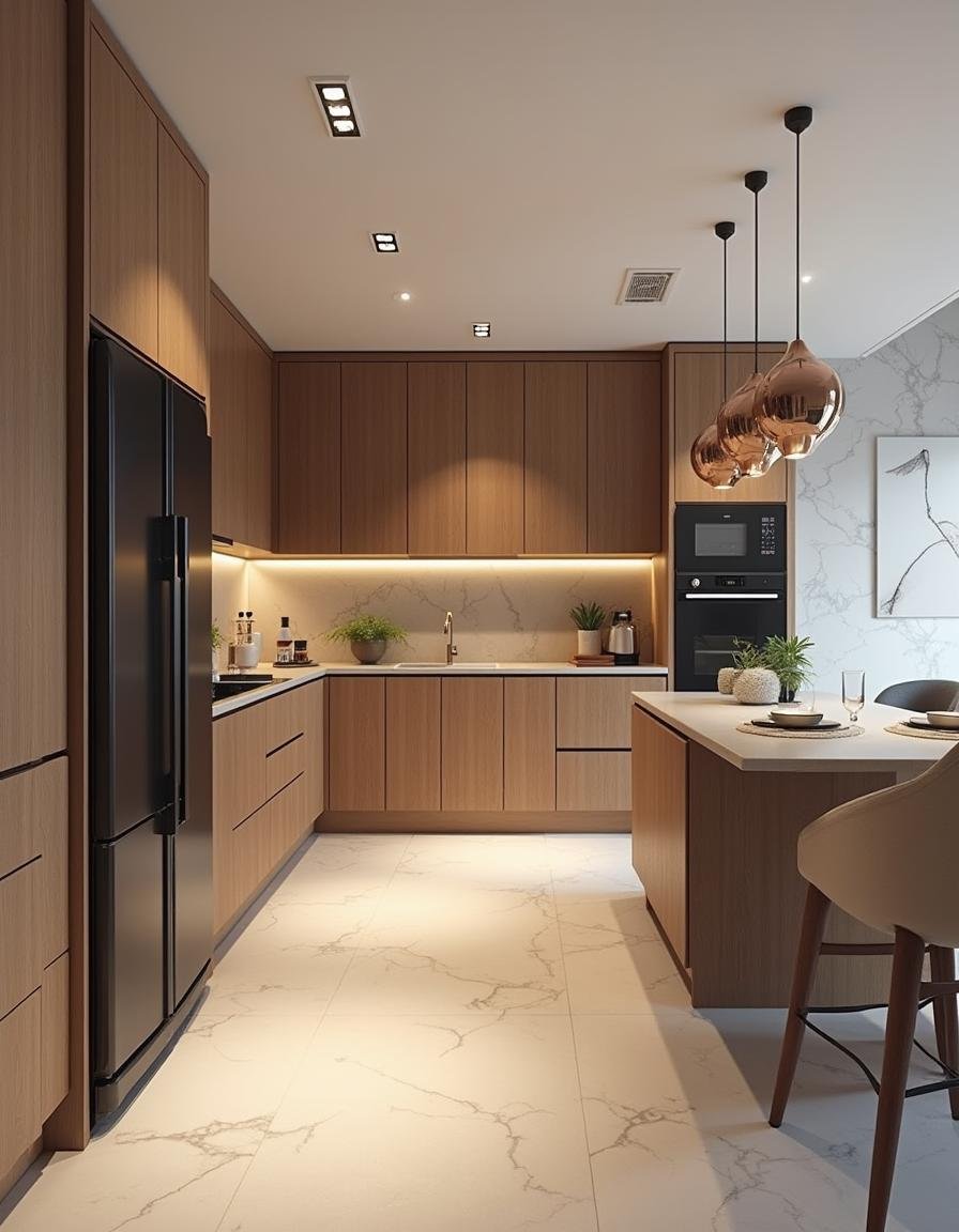 Solução de cozinha compacta com madeira e eletrodomésticos embutidos.