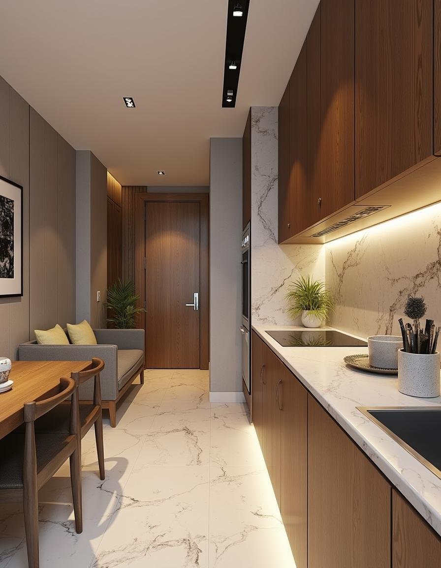 Cozinha planejada para apartamentos pequenos com armários em tons de madeira e bancada branca.