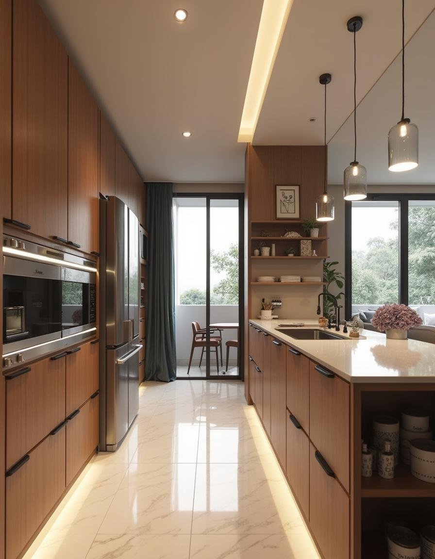 Visão geral de cozinha de apartamento com armários amadeirados e bancada escura.