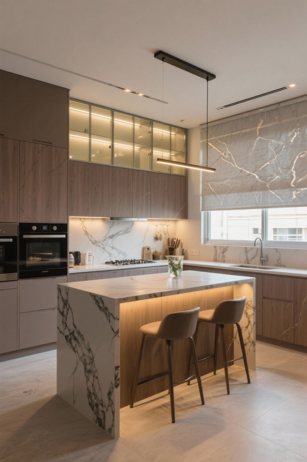 Nicho iluminado em cozinha planejada com acabamento amadeirado.