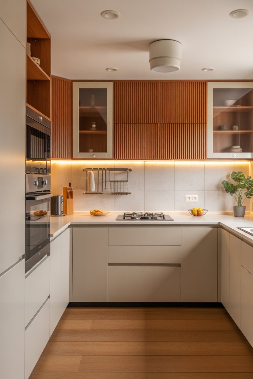 Cozinha com fita de LED iluminando a bancada e valorizando o armário de madeira.