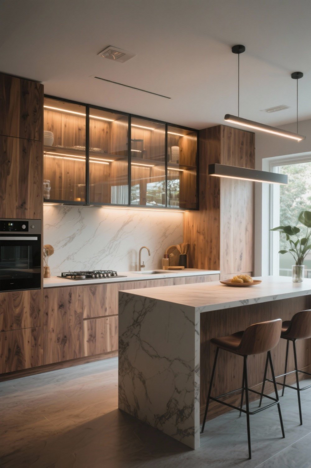 Armários superiores em tom de madeira indo até o teto.