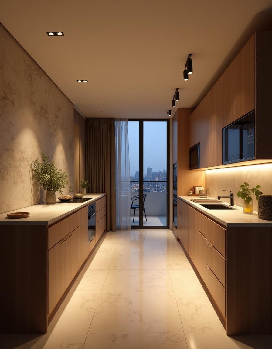 Torre quente com forno embutido em móvel planejado de madeira.