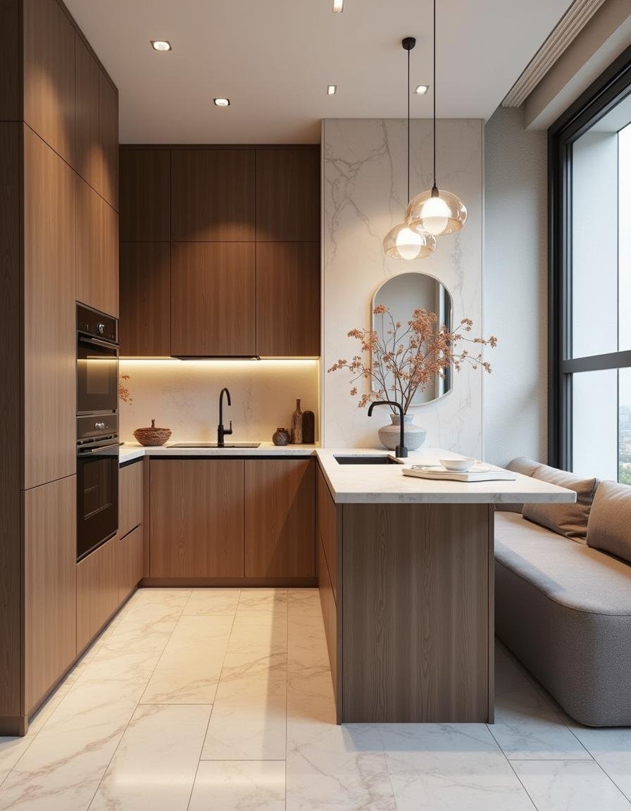 Cozinha planejada com tons de cinza e nichos amadeirados.