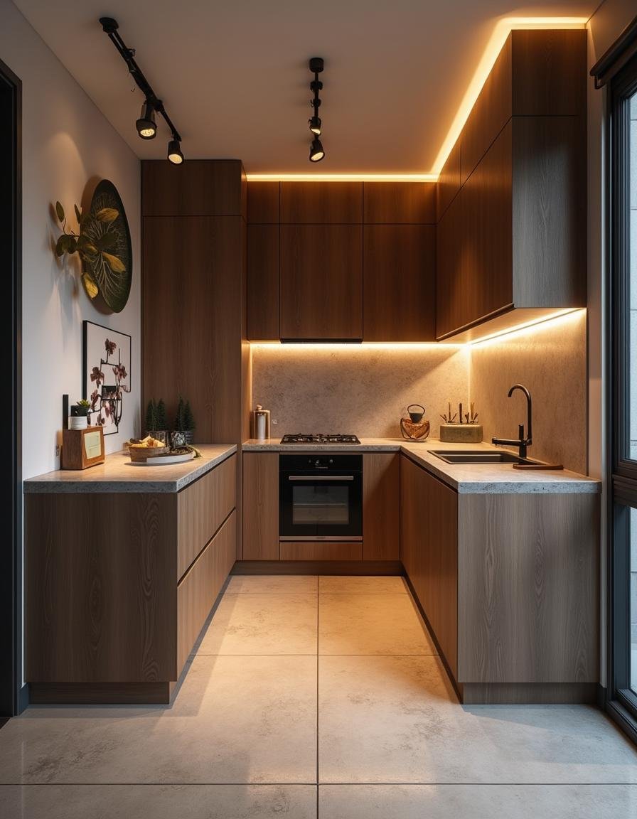 Bancada de cozinha com detalhes em madeira e armários cinza.