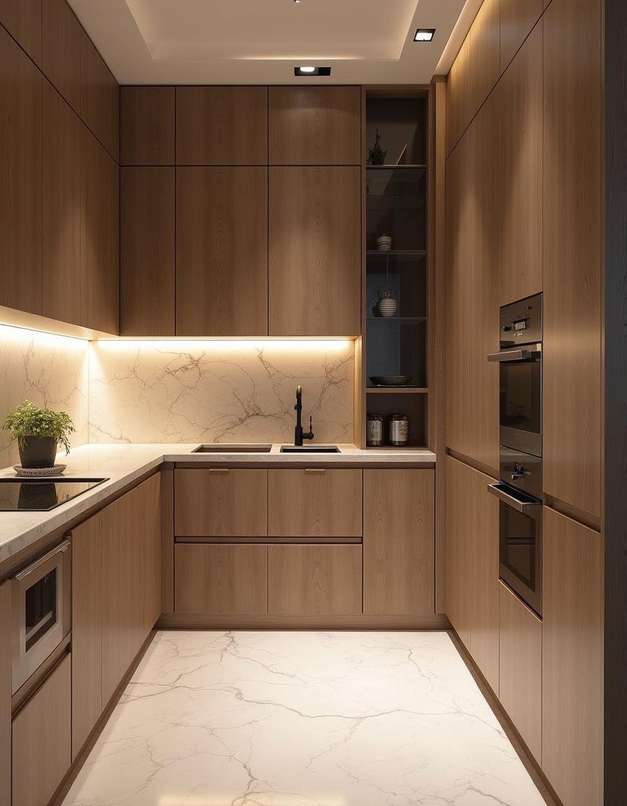 Cozinha planejada em L com armários superiores brancos e inferiores em madeira.