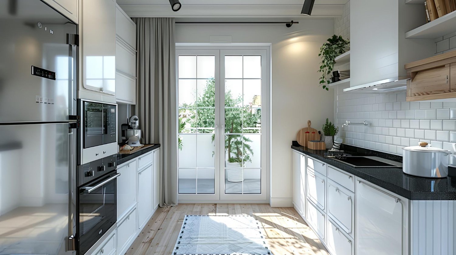 Cozinha de apartamento moderna com móveis planejados em tons claros e madeira