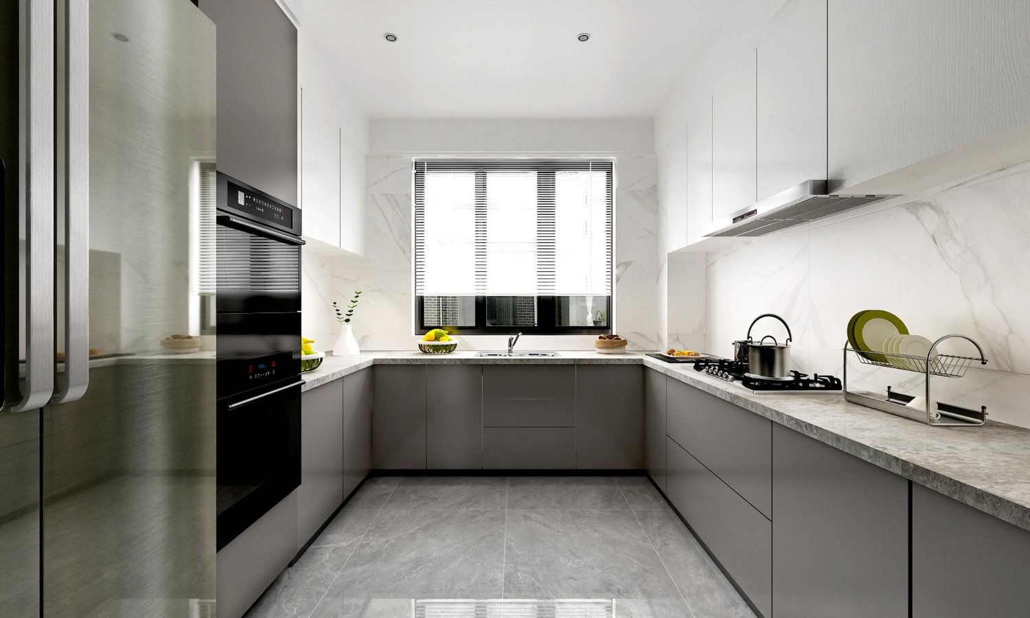 Cozinha de apartamento com ilha e armários em tom de cinza claro