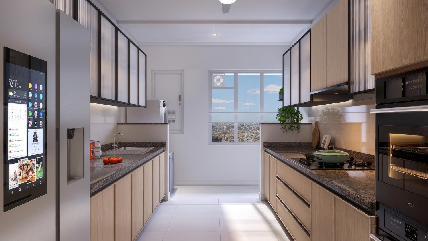 Armários planejados superiores em cozinha pequena de apartamento