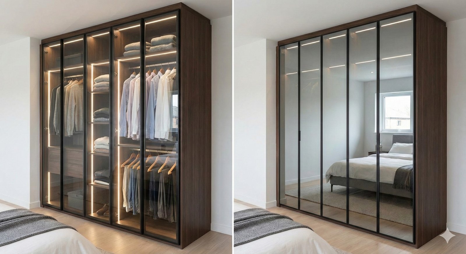Comparativo visual entre closet aberto e guarda-roupa fechado em ambiente de luxo.