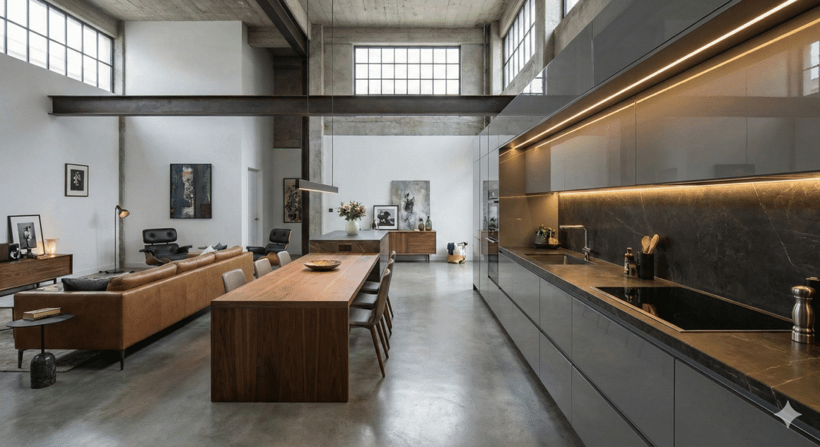 Uma cozinha linear integrada à sala em um loft de luxo, com armários em laca cinza e iluminação em perfil de LED