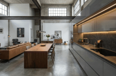 Uma cozinha linear integrada à sala em um loft de luxo, com armários em laca cinza e iluminação em perfil de LED