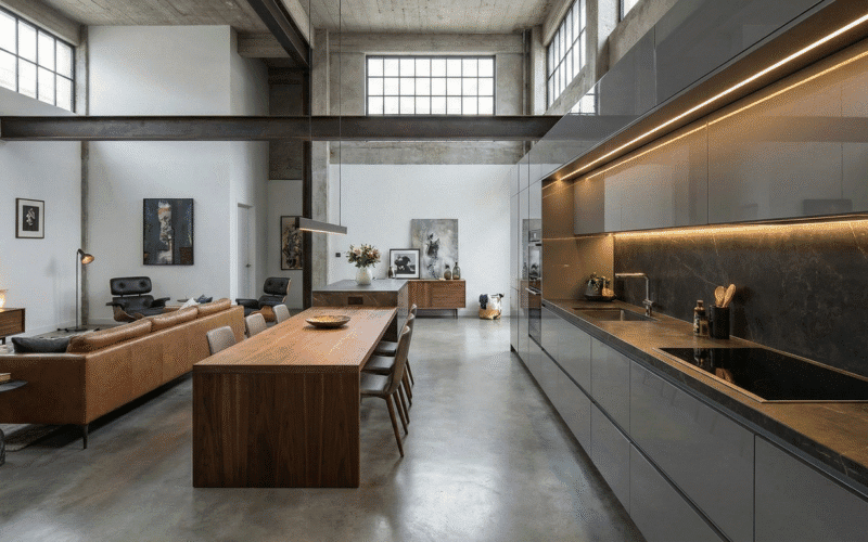 Uma cozinha linear integrada à sala em um loft de luxo, com armários em laca cinza e iluminação em perfil de LED