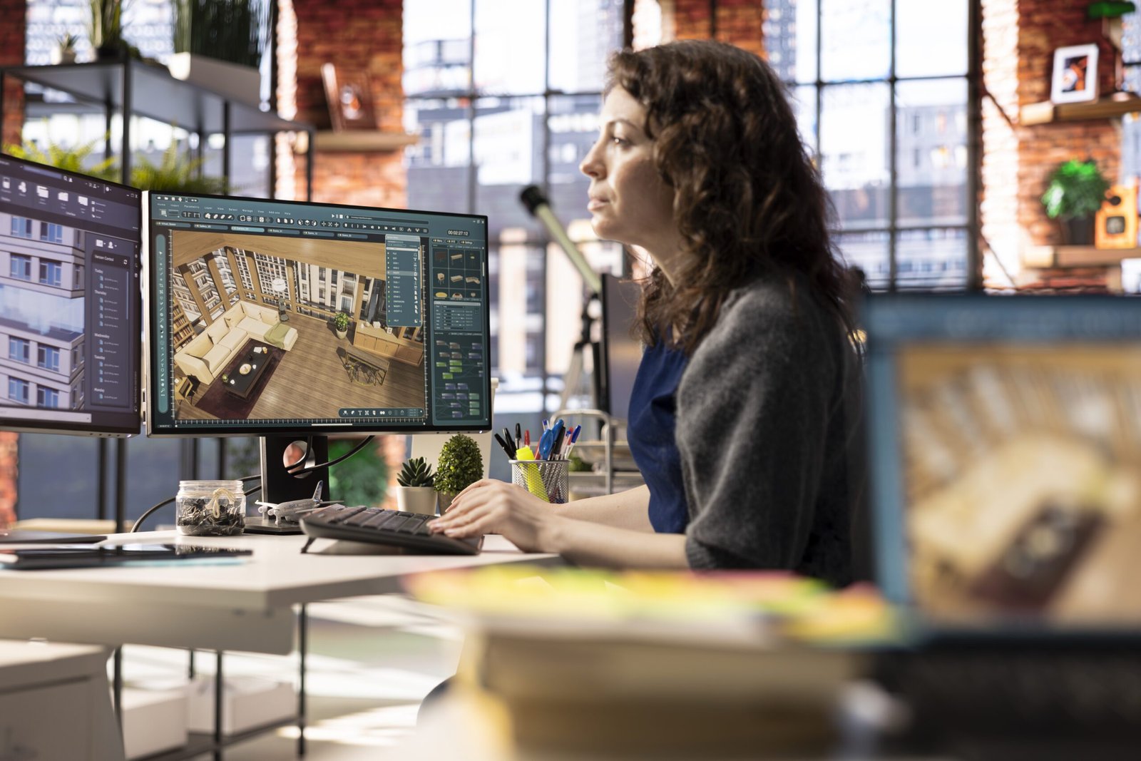 Showroom de móveis de luxo com acabamentos premium.