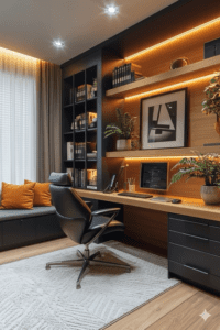 escritório planejado, home office pequeno luxo, mesa escritório planejada, ergonomia home office, iluminação para escritório, cadeira de escritório design.