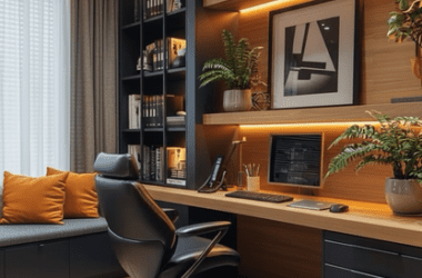 escritório planejado, home office pequeno luxo, mesa escritório planejada, ergonomia home office, iluminação para escritório, cadeira de escritório design.