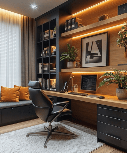 escritório planejado, home office pequeno luxo, mesa escritório planejada, ergonomia home office, iluminação para escritório, cadeira de escritório design.