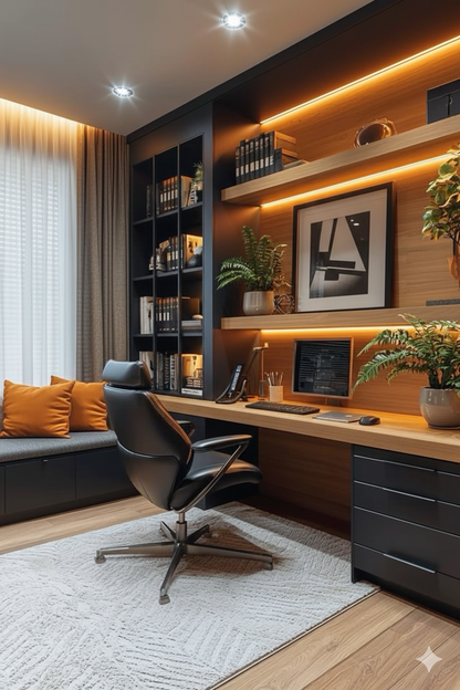 escritório planejado, home office pequeno luxo, mesa escritório planejada, ergonomia home office, iluminação para escritório, cadeira de escritório design.